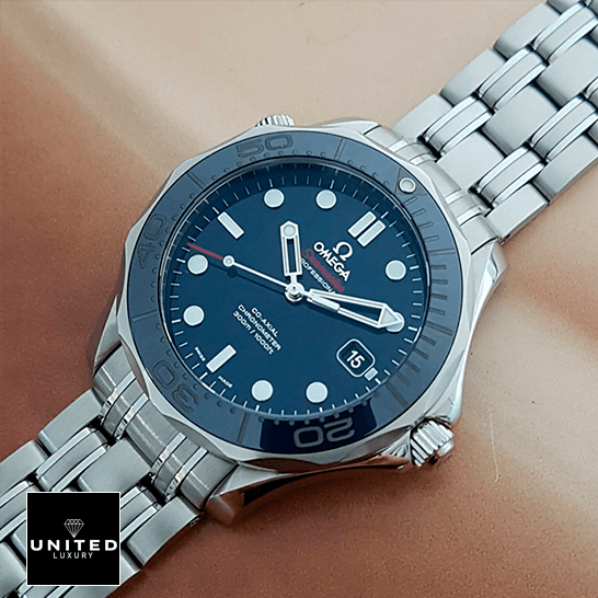 Omega Blue Dial Seamaster Co Axial 300m Steel  cream background