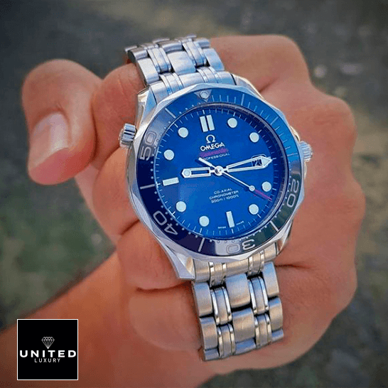 Omega Seamaster 300m Co Axial Steel Blue Dial  on the hand