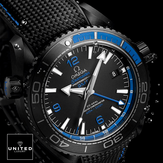 Omega Seamaster Planet Ocean Black Dial Blue Bezel  black background