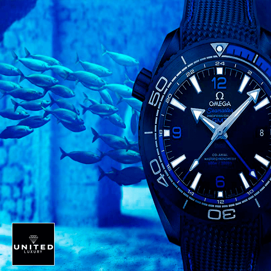 Omega Seamaster GMT Planet Ocean Black Dial  ocean background