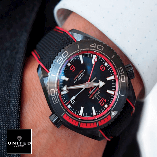 Omega Seamaster GMT Black Dial Red Bezel  on the wrist