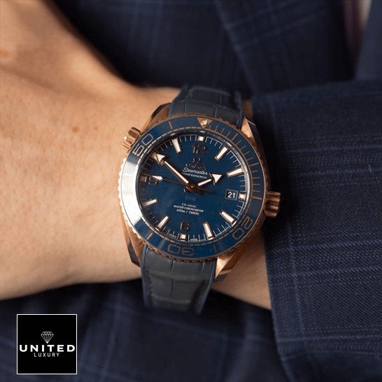 Omega Seamaster 215.63.44.21.03 Planet Ocean Blue Dial  on the man wrist