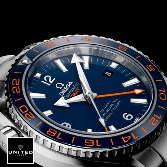 Omega Seamaster GMT Blue Dial Orange Bezel  black background
