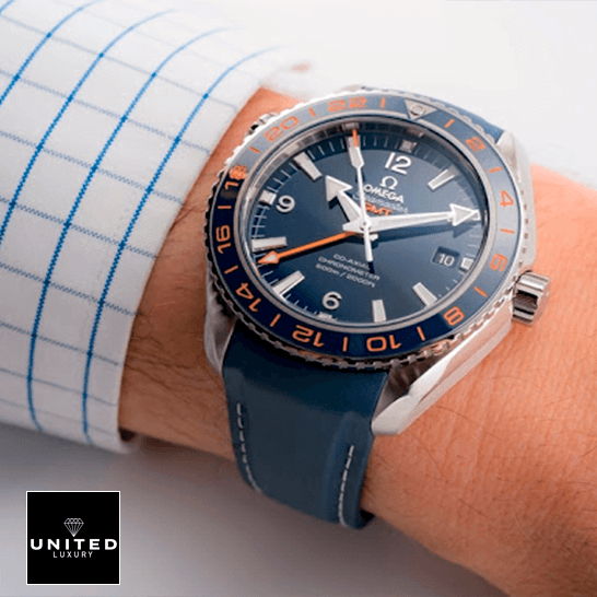 Omega Seamaster Gmt 232_32_44_22_03_001 Blue Bezel  on the man wrist