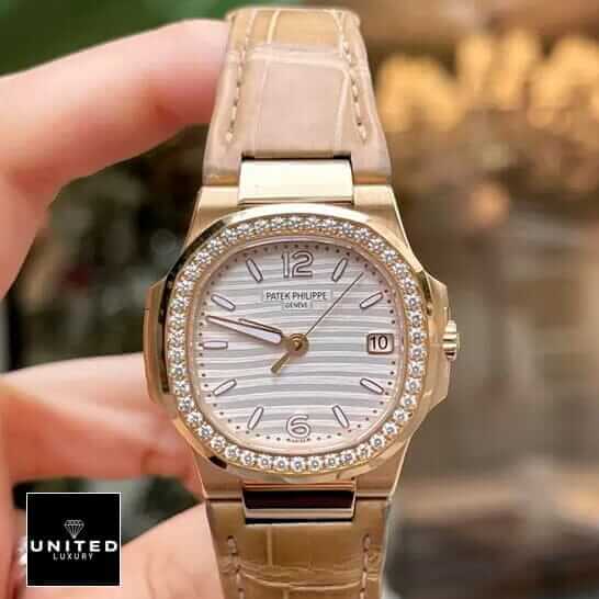 Patek Philippe Nautilus Leather Bracelet Diamond Bezel  on the hand