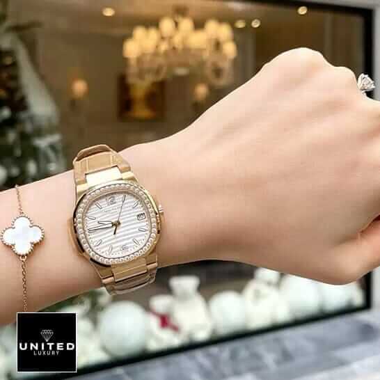 Patek Philippe Diamond Bezel Leather Bracelet  on the women wrist