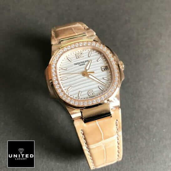 Patek Philippe Geneve 7010 Diamond Bezel Leather Bracelet  grey background