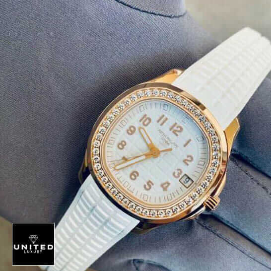 Patek Philippe White Dial Aquanaut Luce White Rubber Bracelet  on the hand