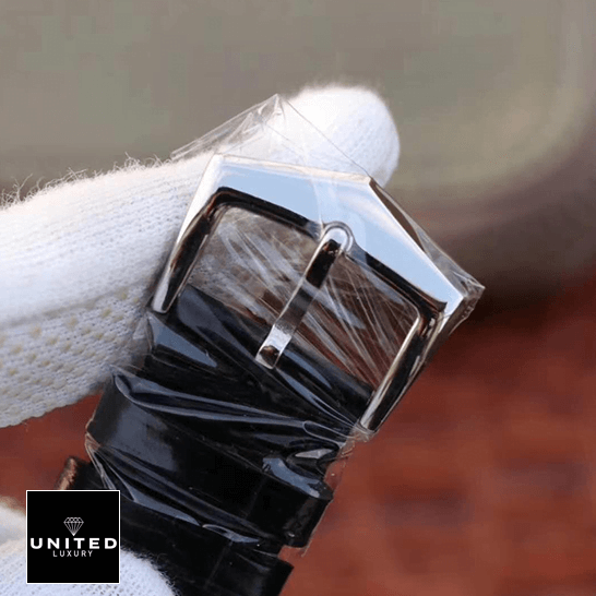 Patek Philippe Leather Black Bracelet Steel Clasp  on the whte glove hand