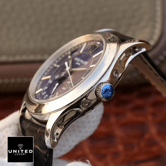 Patek Philippe Steel Case Blue Dial  side view crown