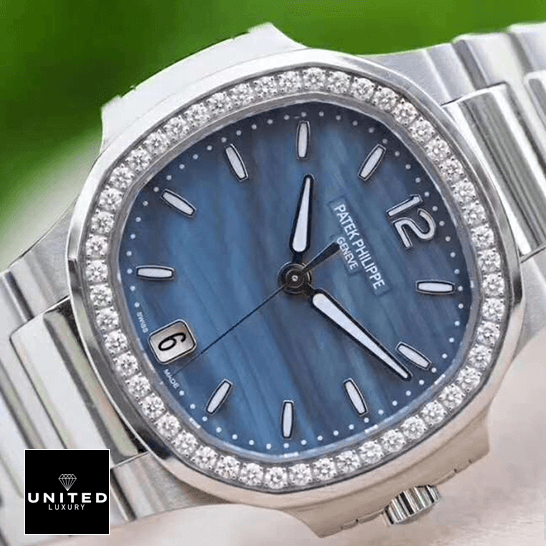 Patek Philippe Blue Dial Stainless Steel Diamond Bezel  front view