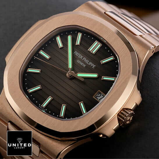 Patek Philippe Nautilus Geneve Black Dial Rose Gold Bezel  dial phospor