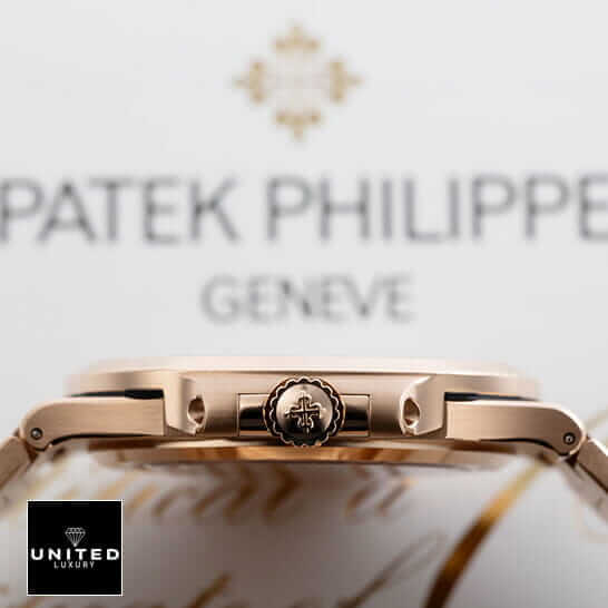 Patek Philippe Nautilus Rose Gold Case  crown on the patek logo