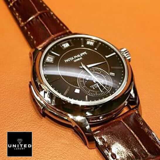 Patek Philippe Geneve Brown Leather Bracelet  orange background