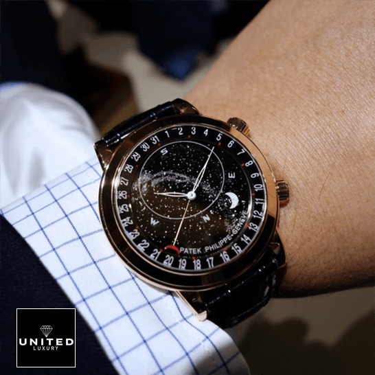 Patek Philippe Rose Gold Bezel Black Dial  on the man wrist