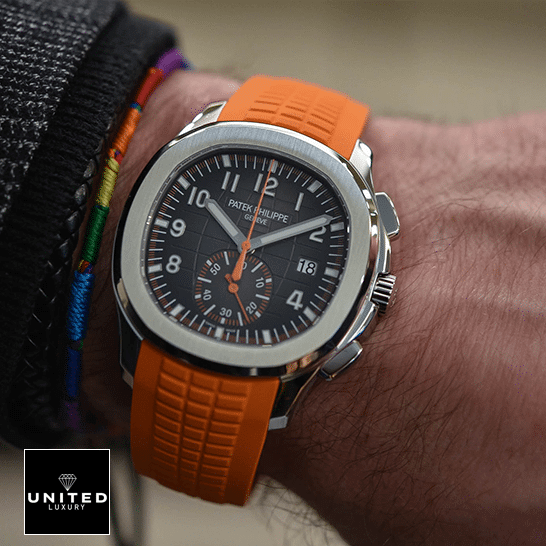 Patek Philippe Aquanaut Geneve Orange Rubber Bracelet on the wrist
