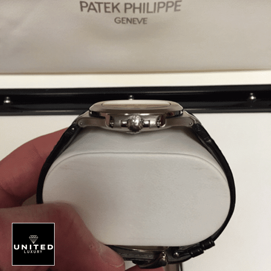 Patek Philippe Nautilus 5711G-001 3 Patek Philippe Nautilus 5711G-001 steel case side view in the box