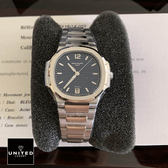 Patek Philippe Nautilus 71181A-001 Blue Dial  on the black stand