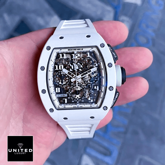 Richard Mille RM011FM White Bezel and Bracelet  front view on the hand