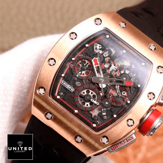Richard Mille Red 3 Richard Mille RM011 Gold Rose Bezel Black Bracelet front view