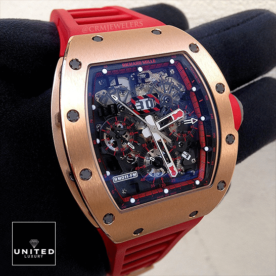 Richard Mille RM011 Red Demon Hand Dial Black Dial  on the black glove hand