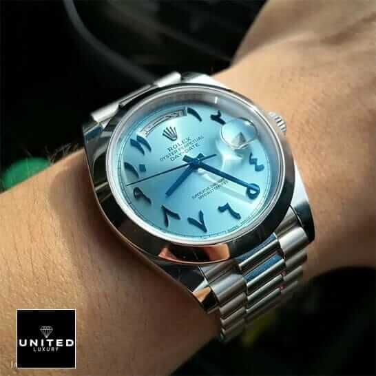 Rolex DayDate 40 228206 Turquoise Dial  on his arm