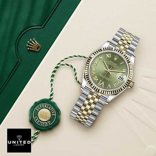 Rolex Green Dial Roman Jubilee Bracelet  on the rolex box