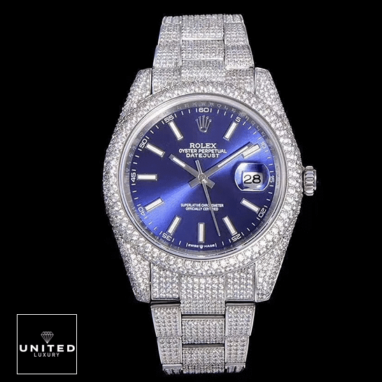 Rolex Datejust White Gold Blue Dial Iced Out 126300  and black background