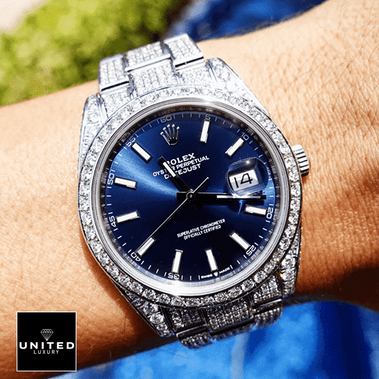 Rolex Datejust 126300 Blue Dial with white Stick Iced Out  on his arm