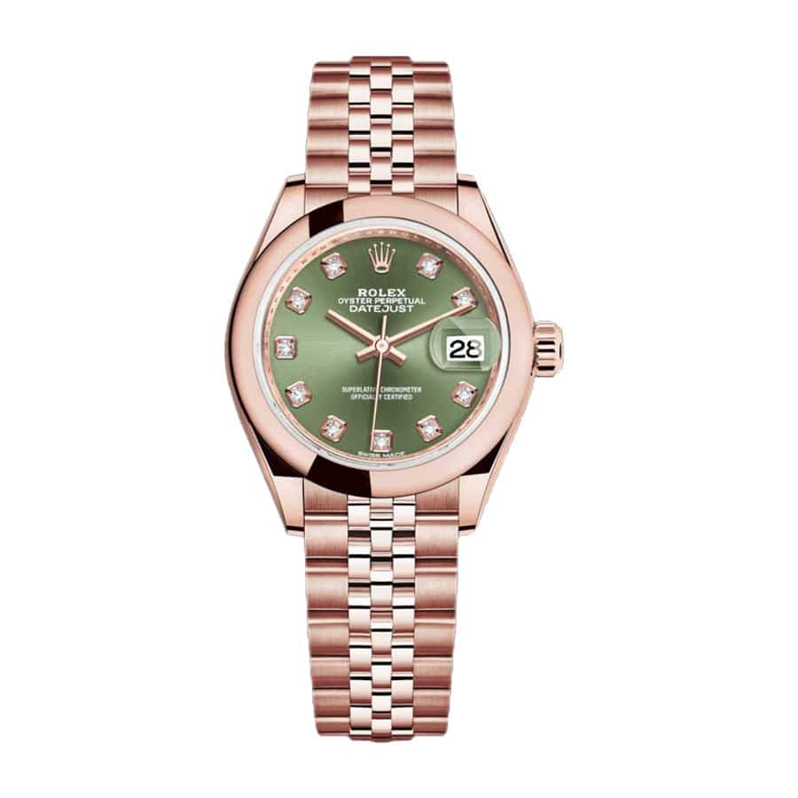 rolex-datejust-28mm-279165-everose-gold-automatic-green-with-diamond-dial