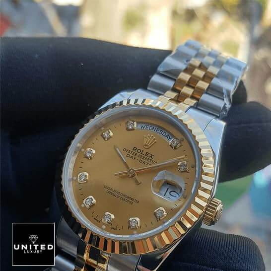 Rolex Day-Date 128238 MOP Gold Bezel  on the hand