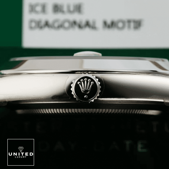 Rolex Day-Date 228206 Silver Crown Pusher Right Side 