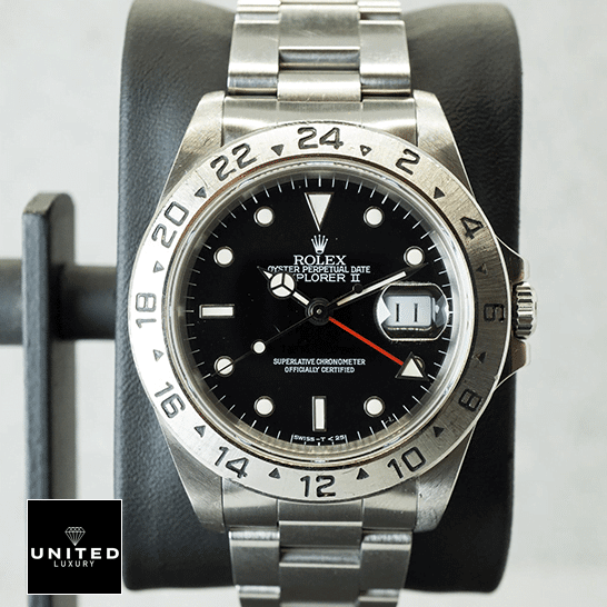 Rolex Explorer II 16570-0004  black dial his stick and dot indices, and the hour markers
