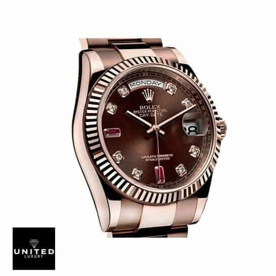 Rolex ladies Day-Date 128235 AR Stainless Steel With Rose Gold Wrapped Chocolate Dial 