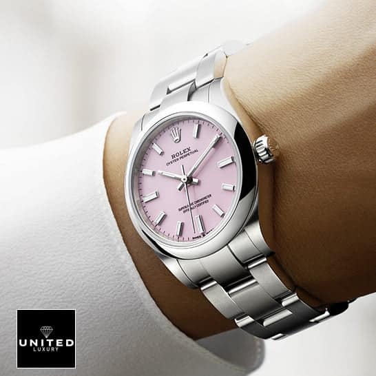 Rolex Oyster Perpetual 124300 Pink Dial Oyster  on his arm