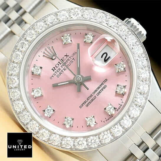 Rolex Datejust Pink Diamond Dial Diamond Bezel  close cyclops view