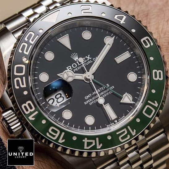 Rolex Gmt-Master II Sprite  close analog view and above the wrist