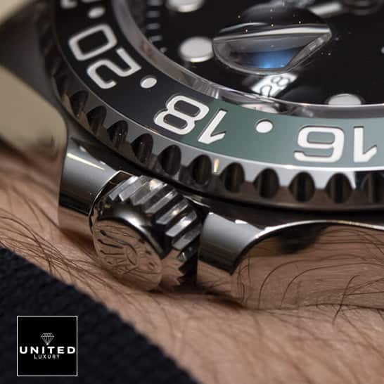 Rolex Gmt-Master II Sprite  Push button and above the wrist