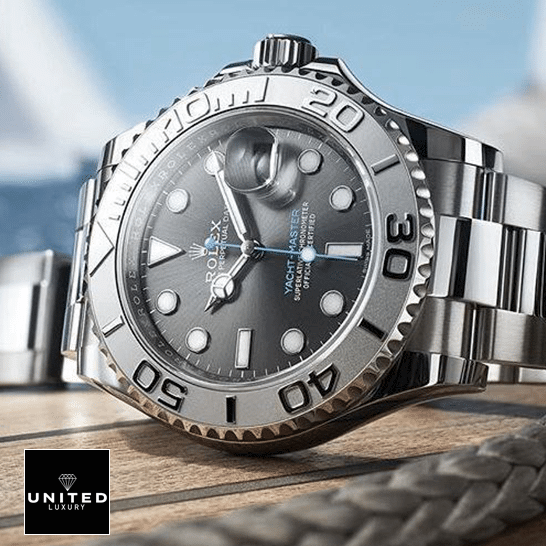 Rolex Yacht-Master 116622-0003 Platinum & Rhodium Dial 8 Rolex Yacht Master 116622-0003 on the wood