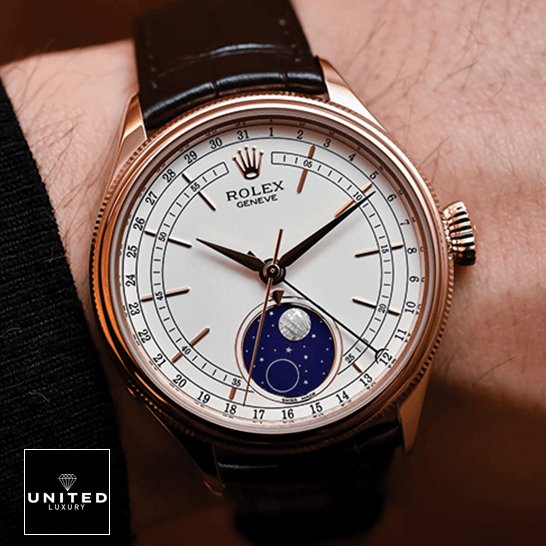 Rolex Cellini 50535 Moonphase White Dial  on the man wrist