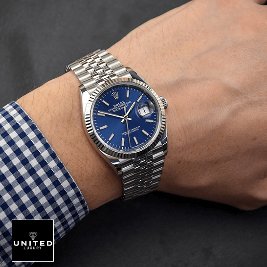 Rolex Datejust Stainless Steel Jubilee Blue Dial  on the man wrist
