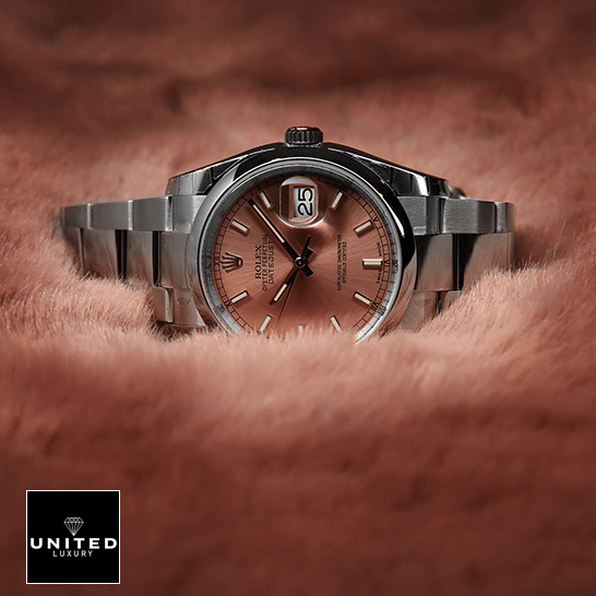 Rolex Datejust 116200 Steel Pink Dial  above the pink feathers