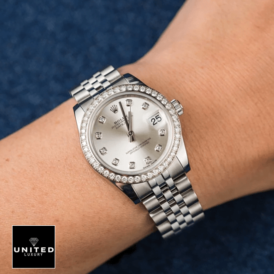 Rolex Datejust 178384 White Gold Diamond Bezel  on the wrist