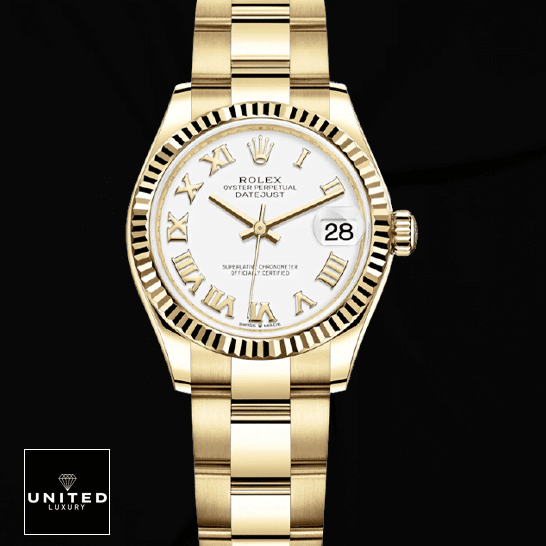 Rolex Oyster Datejust 1 Rolex Datejust 278278 White Dial & Yellow Gold Fluted Bezel Black Background