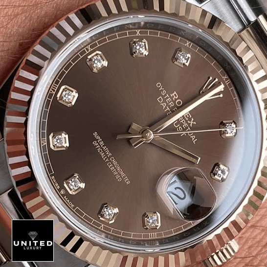 Rolex Datejust 126331 Chocolate Diamond Dial  close-up view above the wrist