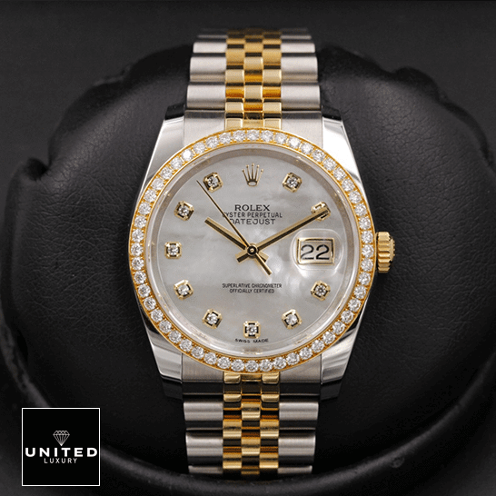 Rolex Datejust 116243 Mother Of Pear Diamond  black background