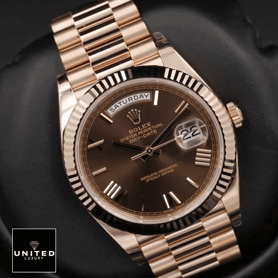 Rolex Day-Date 40 228235-0002 AR Stainless Steel With Rose Gold Chocolate Roman Dial 