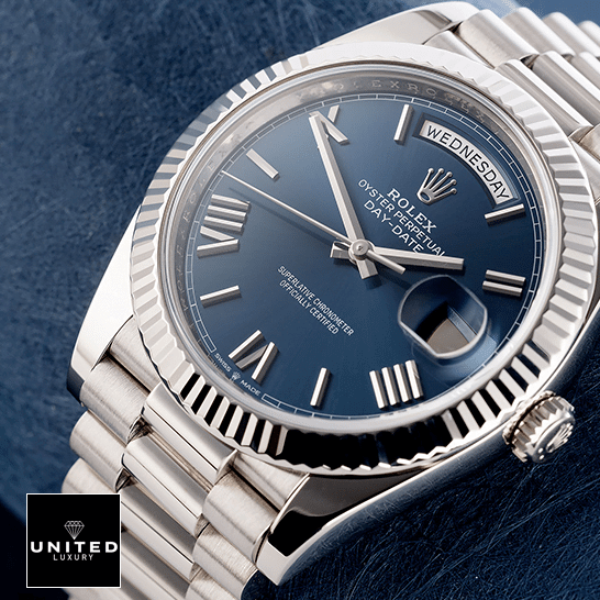 Rolex Day-Date 40 228239 Fluted Bezel  Blue Backround