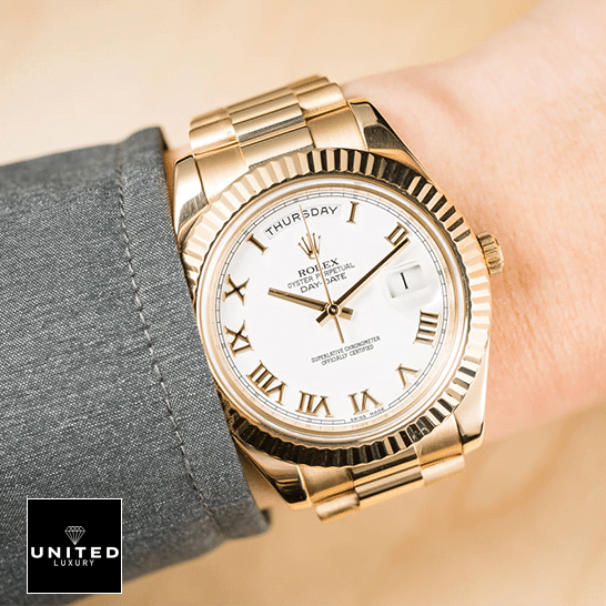 Rolex Day-Date II Collection Gold Silver White Dial 218238  on is arm