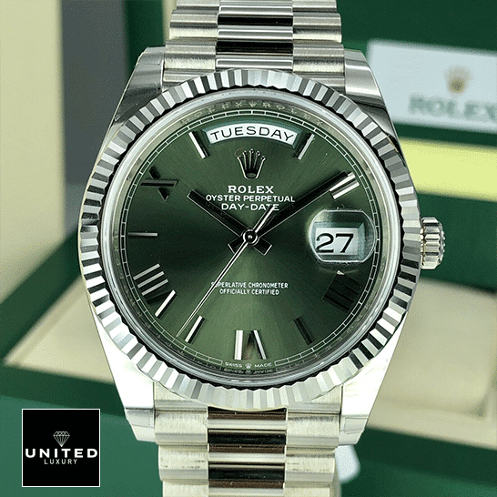 Rolex Day-Date Olive Green 228239  Rolex Box in front of